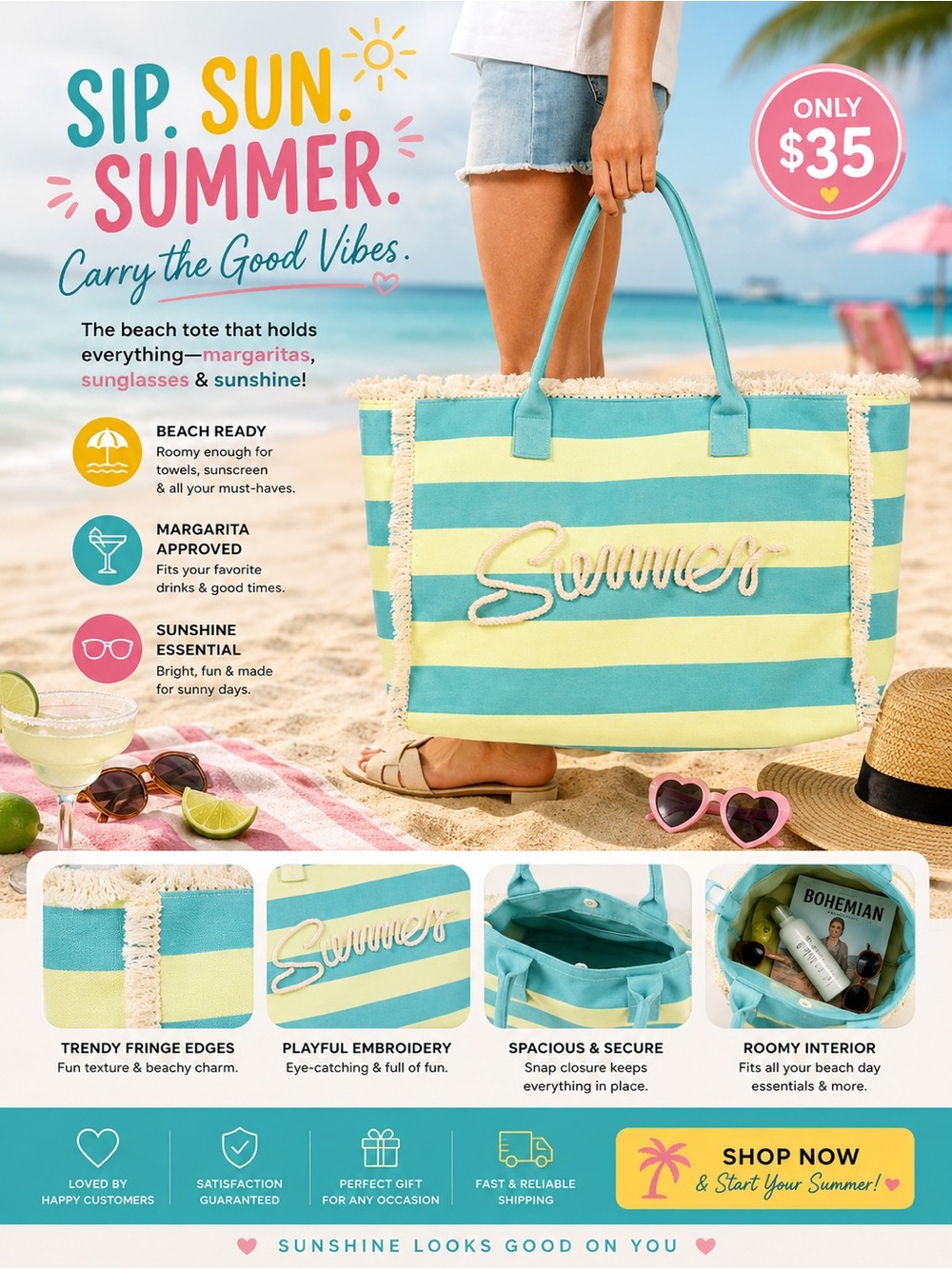 Striped 'Summer' Beach Tote Bag in Aqua and Lemon